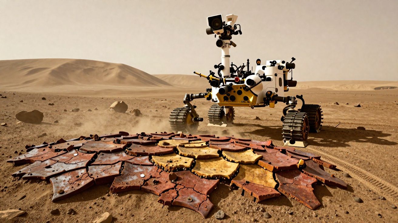 Rover explorant une surface désertique rouge avec un sol fissuré et des dunes en arrière-plan.