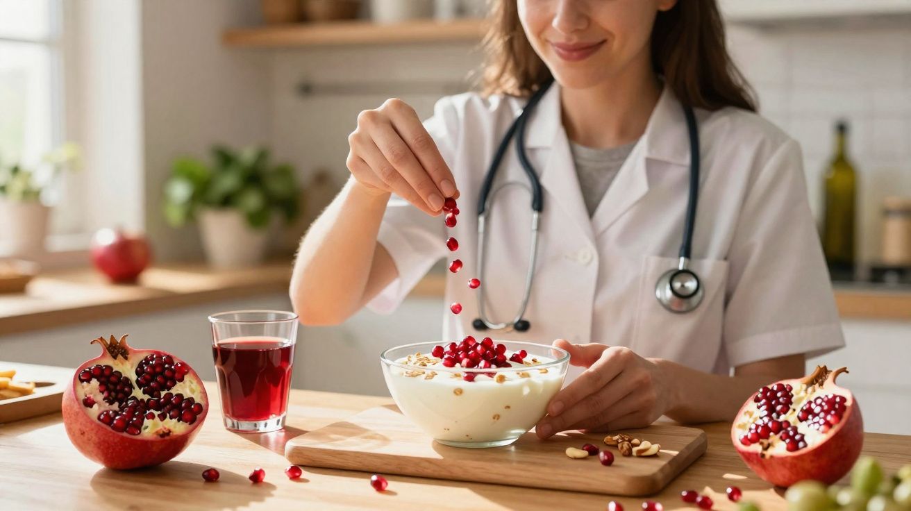 Une diététicienne en blouse blanche ajoute des graines de grenade à un bol de yaourt dans une cuisine.