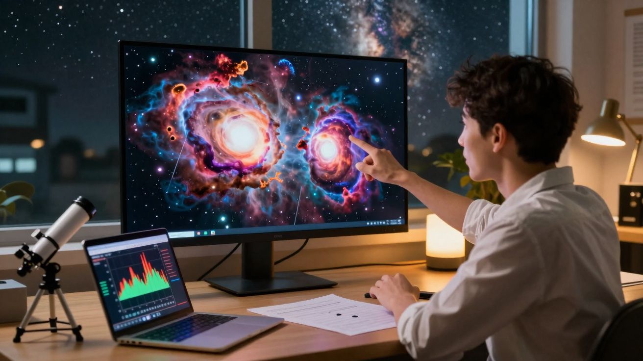 Jeune homme étudiant une image colorée d'objets cosmiques sur un écran dans une pièce sombre.