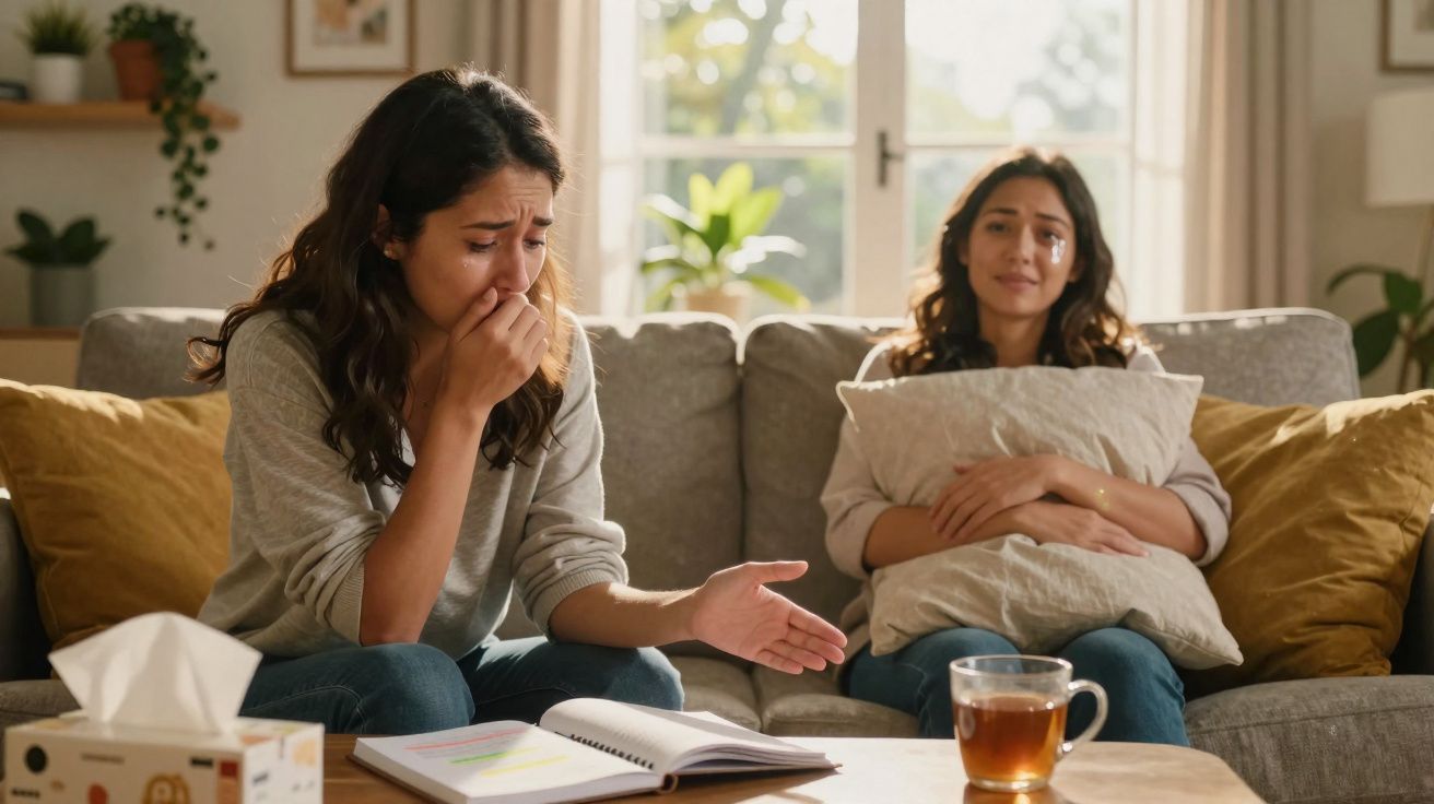 Deux femmes tristes sur un canapé, l'une pleure en lisant un cahier, l'autre la console en la regardant.