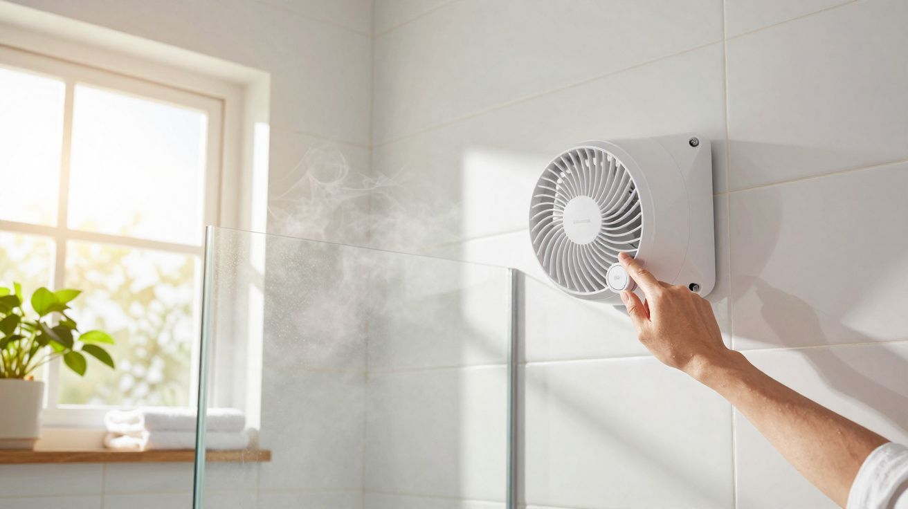 Main ajustant un ventilateur mural blanc dans une salle de bain lumineuse avec vapeur et fenêtre.