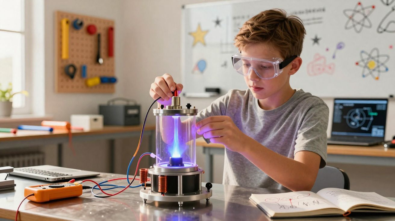 Un garçon porte des lunettes de protection et manipule un appareil scientifique avec une flamme bleue à l’intérieur.