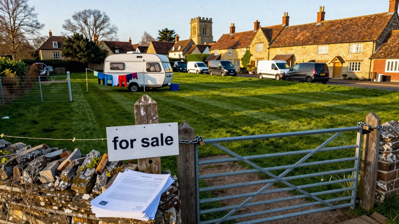Terrain avec caravane, panneau "for sale", maisons traditionnelles anglaises et voitures garées en arrière-plan.