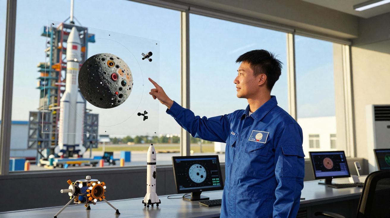 Homme en combinaison bleue interagissant avec une maquette virtuelle de la lune dans un centre spatial moderne.