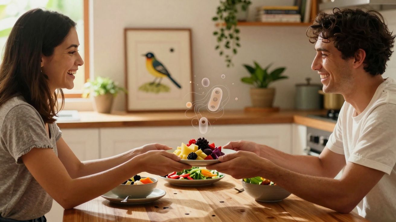 Un homme et une femme souriants s’échangent une assiette de fruits frais à table dans une cuisine lumineuse.