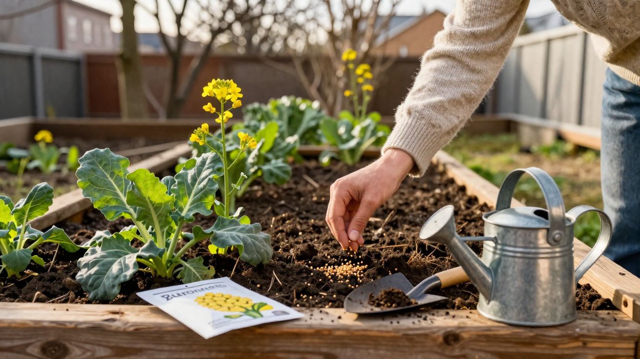 Main semant des graines dans un carré potager avec plants de légumes, arrosoir et outil de jardinage.