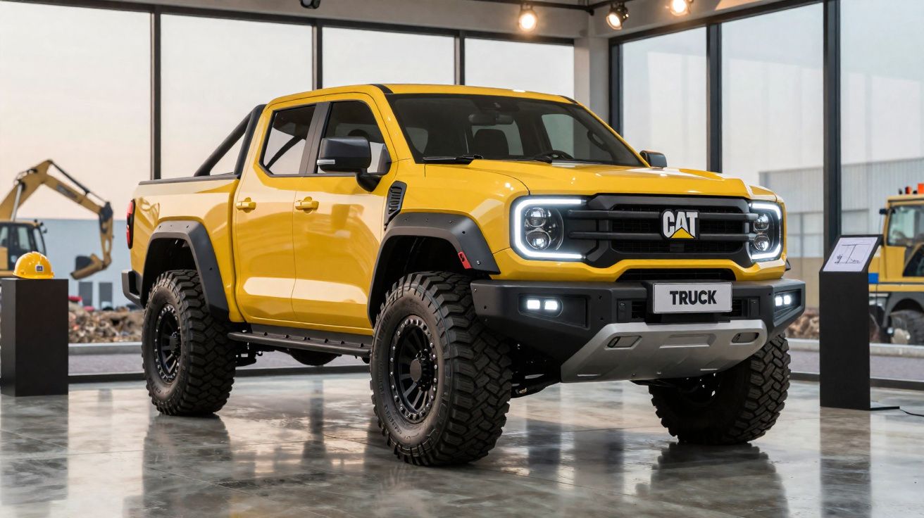 Pick-up jaune CAT robuste exposé dans un showroom avec pneus tout-terrain et phares allumés.