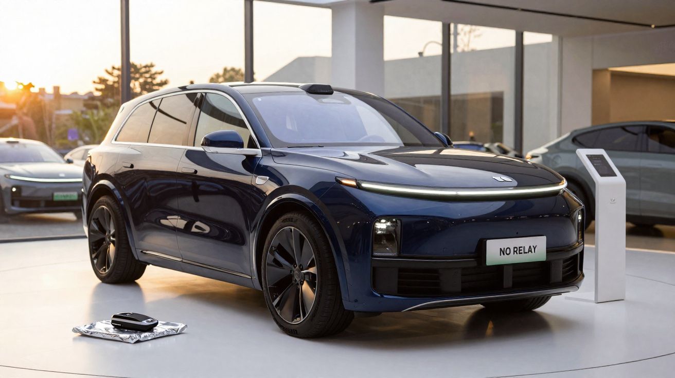 Véhicule électrique bleu foncé exposé dans un showroom moderne au coucher du soleil avec plaque "NO RELAY".