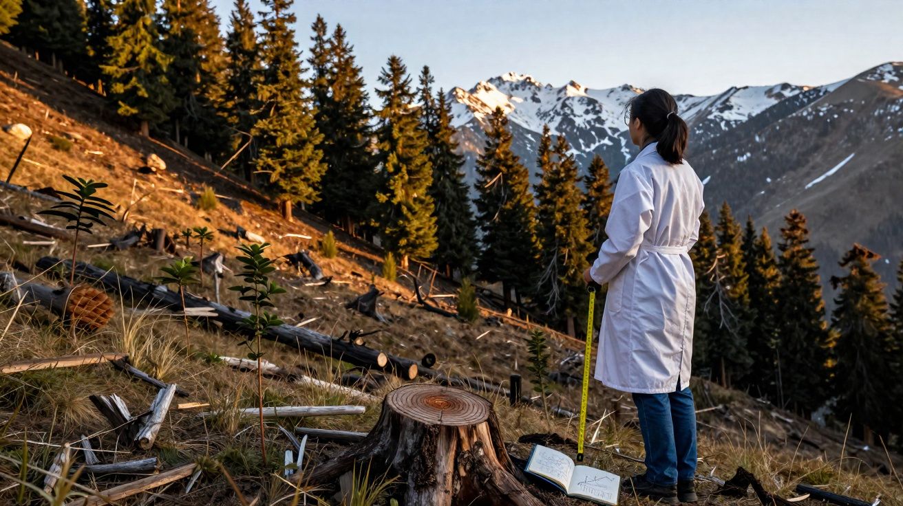 Une femme en blouse blanche mesure un tronc d'arbre abattu dans une forêt de montagne au coucher du soleil.