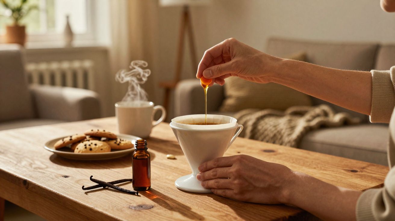 Personne versant du miel dans un filtre à café posé sur une table en bois avec biscuits et tasse fumante.