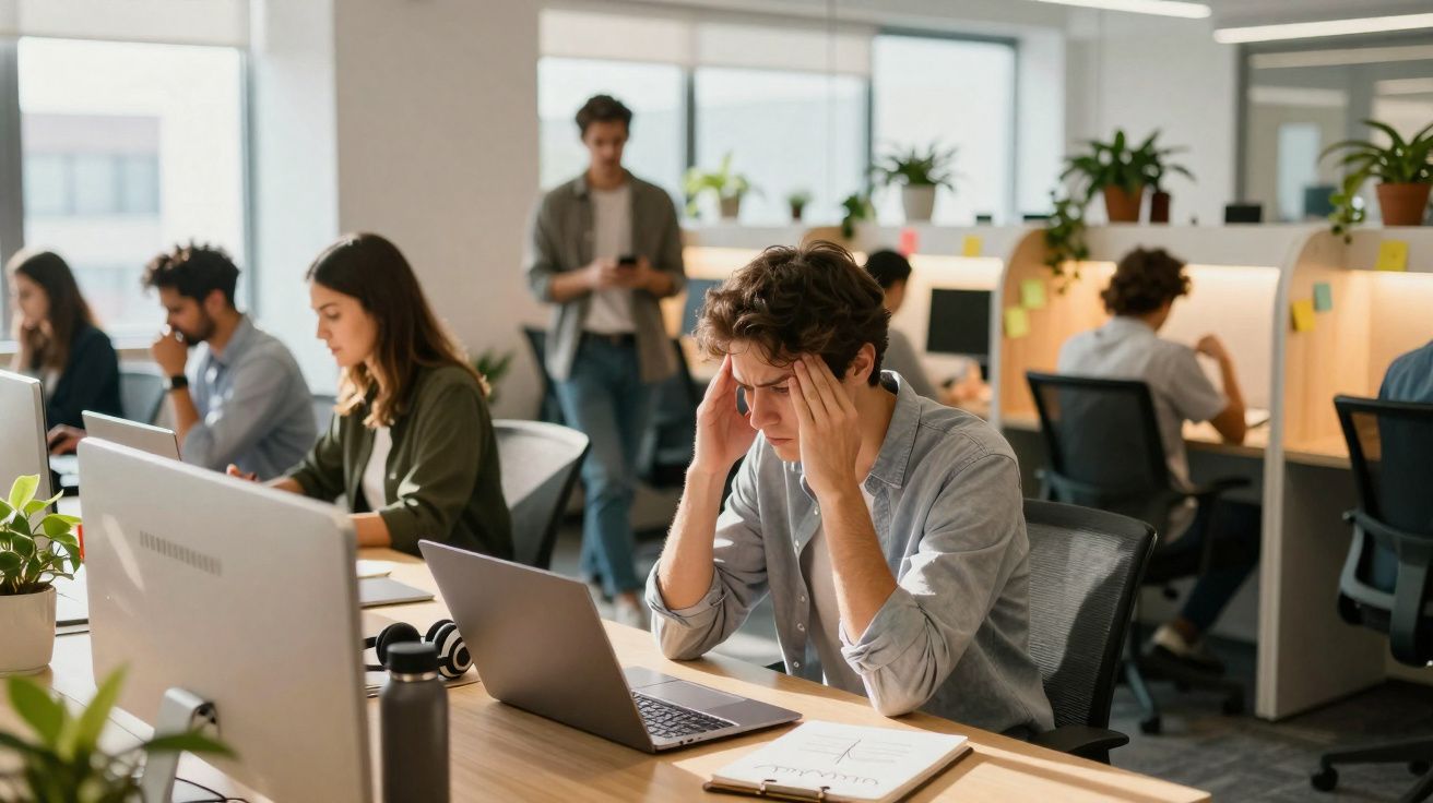 Jeune homme stressé au bureau tenant sa tête, plusieurs collègues travaillent autour dans un espace moderne.
