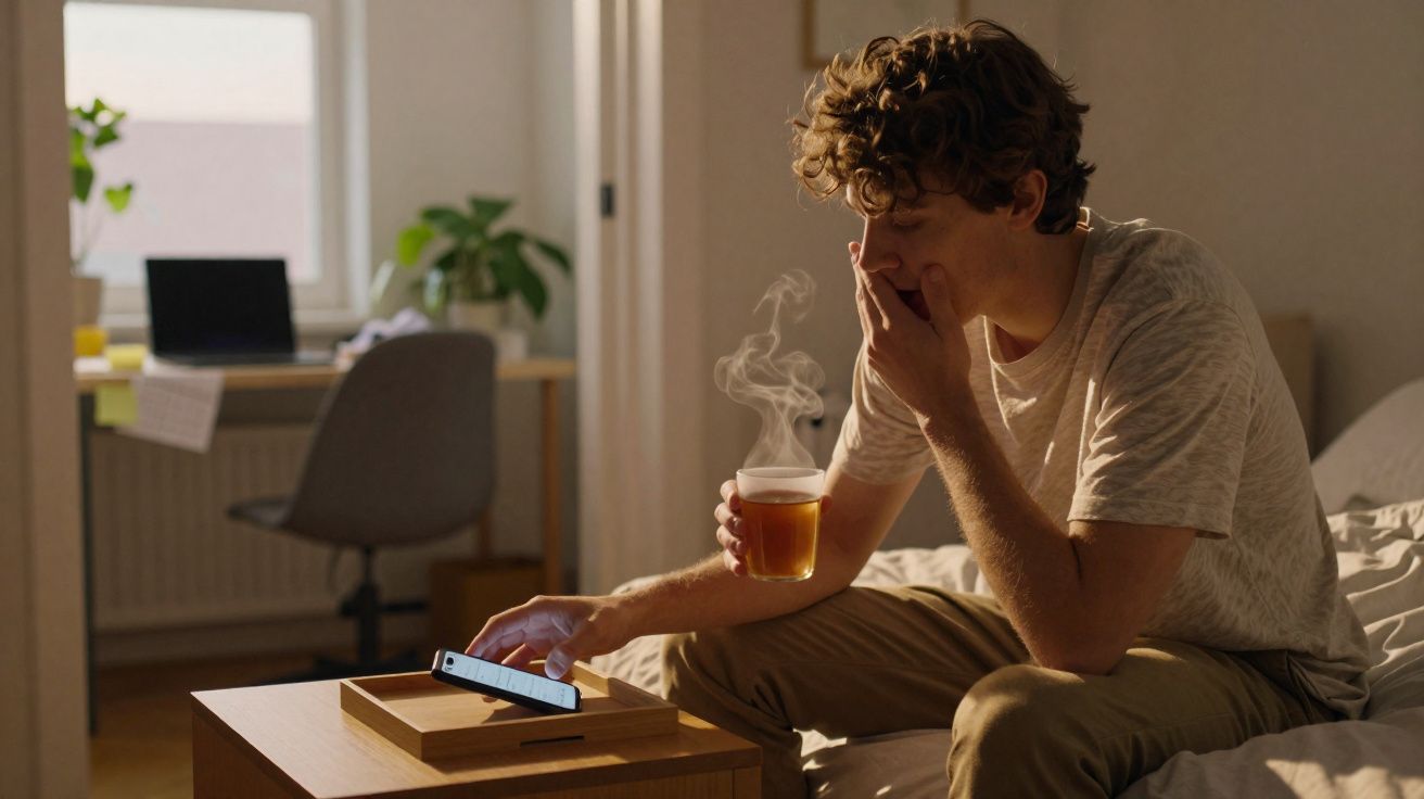 Jeune homme assis sur un lit, buvant une boisson chaude et regardant son téléphone dans une chambre calme.