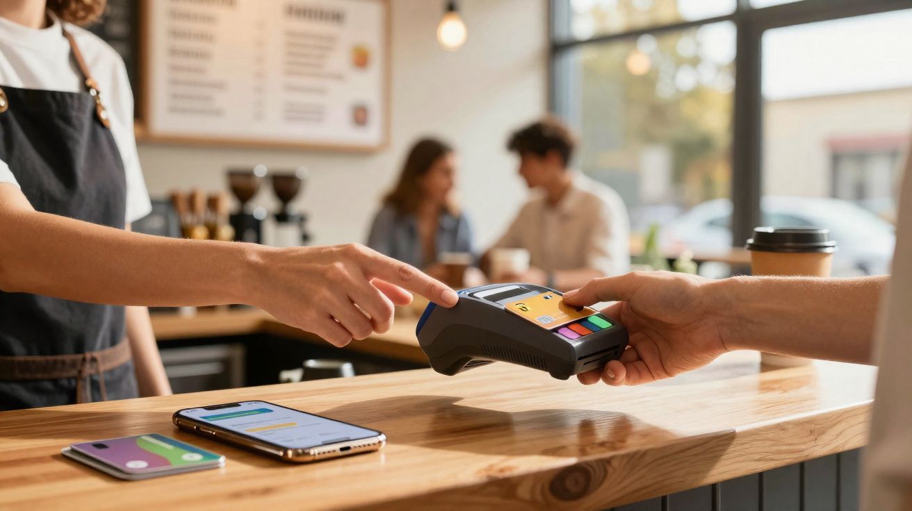 Transaction sans contact effectuée dans un café avec un terminal de paiement et un téléphone portable posé sur le comptoir.