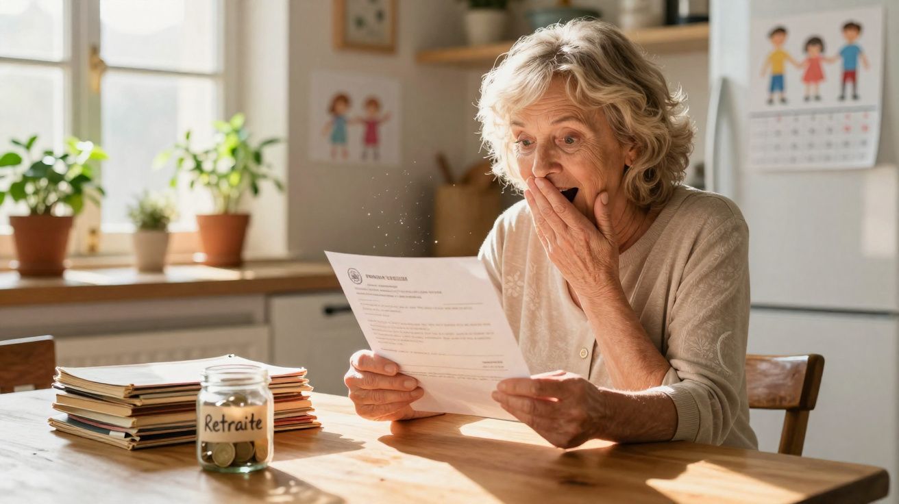 Femme âgée surprise lisant un courrier assise à une table avec un bocal "Retraite" rempli de pièces.