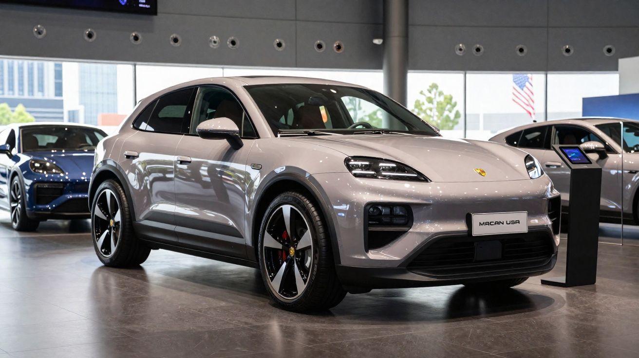 Voiture Porsche Macan USA grise exposée dans un showroom moderne avec plusieurs véhicules en arrière-plan.