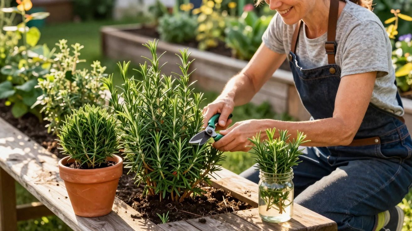 Femme taillant des plantes aromatiques dans un jardin ensoleillé avec sécateur et pot en terre cuite.
