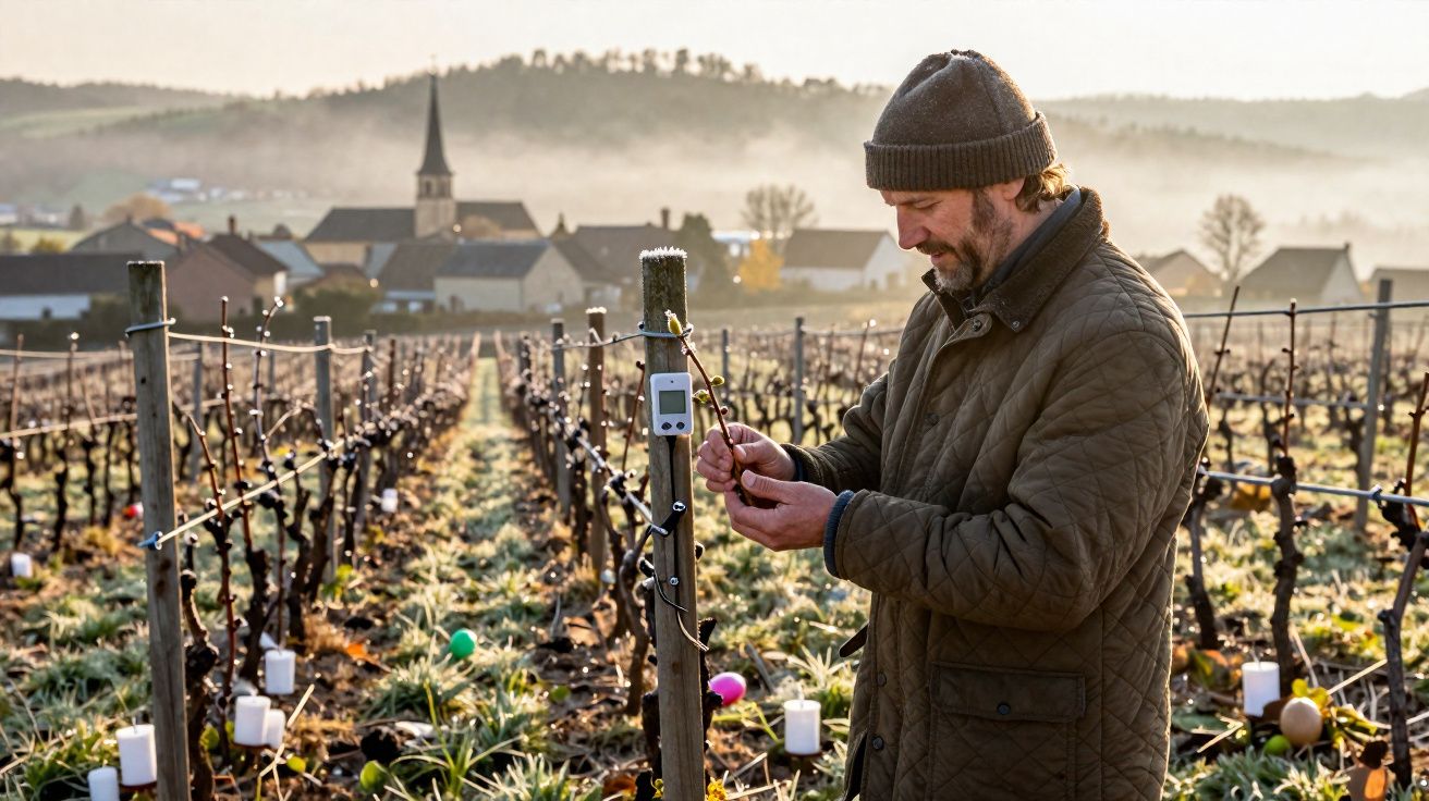 Homme en manteau et bonnet inspectant un appareil dans un vignoble au lever du soleil avec village en arrière-plan.