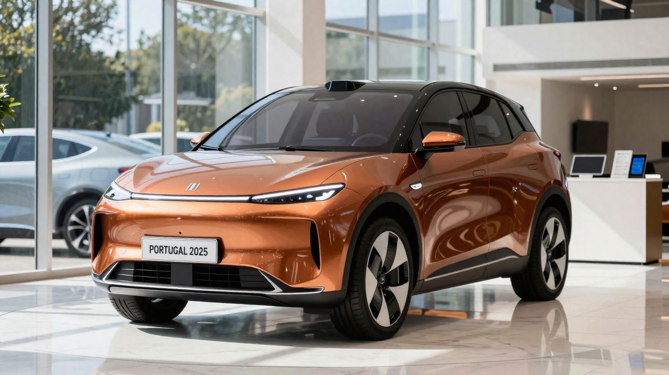 Véhicule électrique orange métal brillant exposé dans un showroom moderne avec grandes baies vitrées.