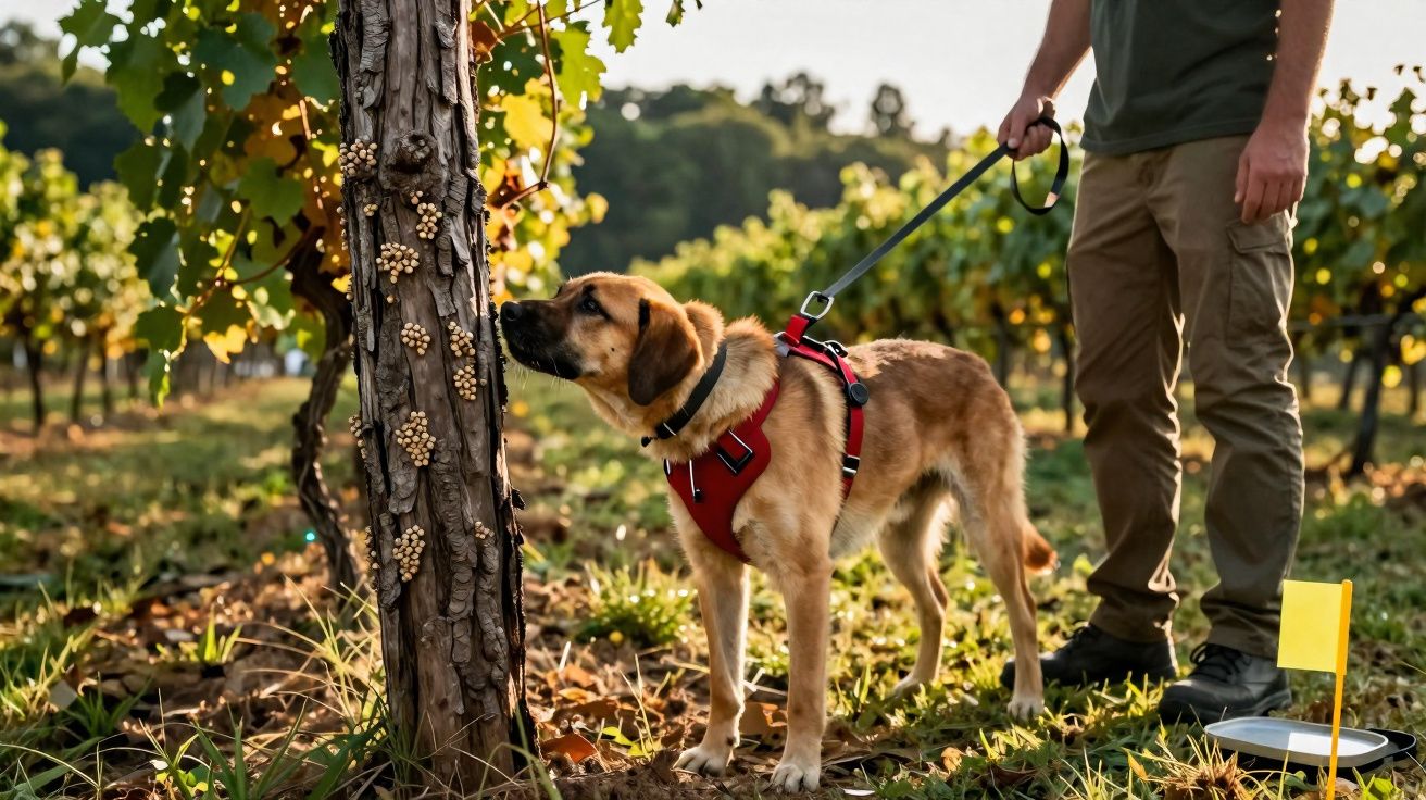 Chien au harnais rouge reniflant un cep de vigne dans un vignoble, tenu en laisse par un homme.