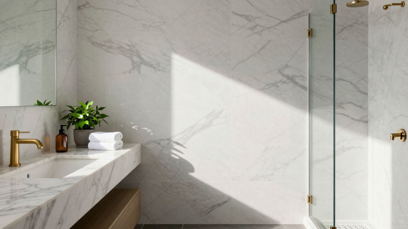 Salle de bain moderne avec lavabo en marbre, robinet doré, serviettes blanches et douche à paroi vitrée.