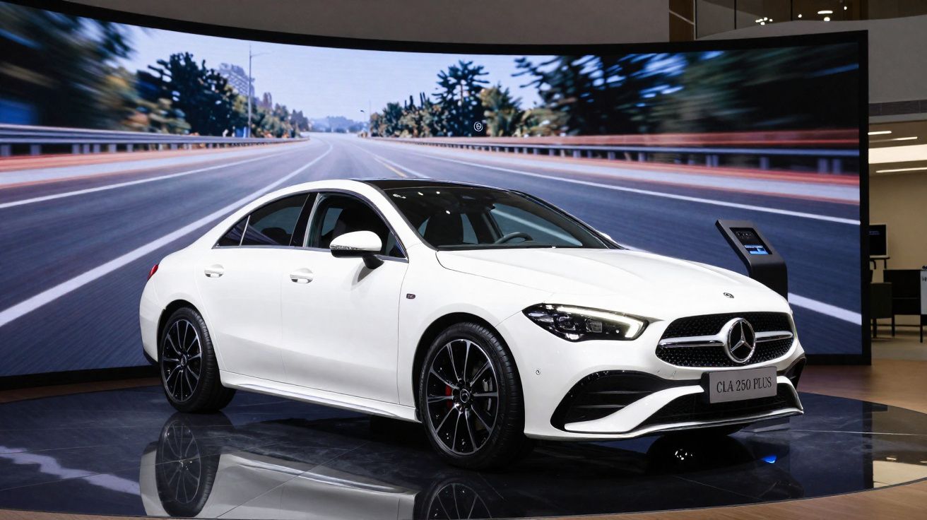 Voiture Mercedes CLA 250 Plus blanche exposée en intérieur avec un écran d'autoroute floue en arrière-plan.