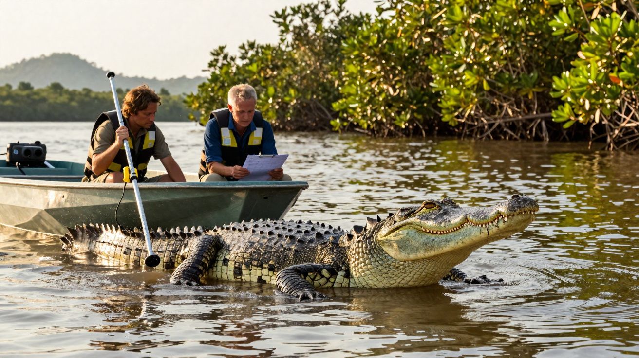 Deux hommes en gilets de sauvetage sur une barque près d'un gros crocodile dans une zone marécageuse.