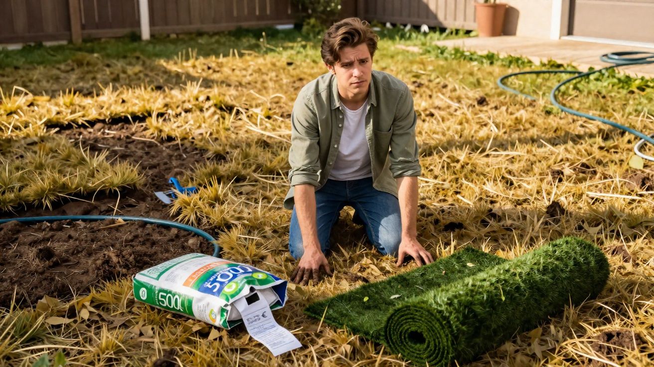 Jeune homme à genoux dans un jardin sec avec un rouleau de gazon synthétique près de lui.