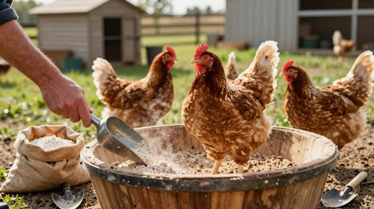 Personne nourrissant des poules brunes dans un poulailler en plein air avec un grand récipient en bois.