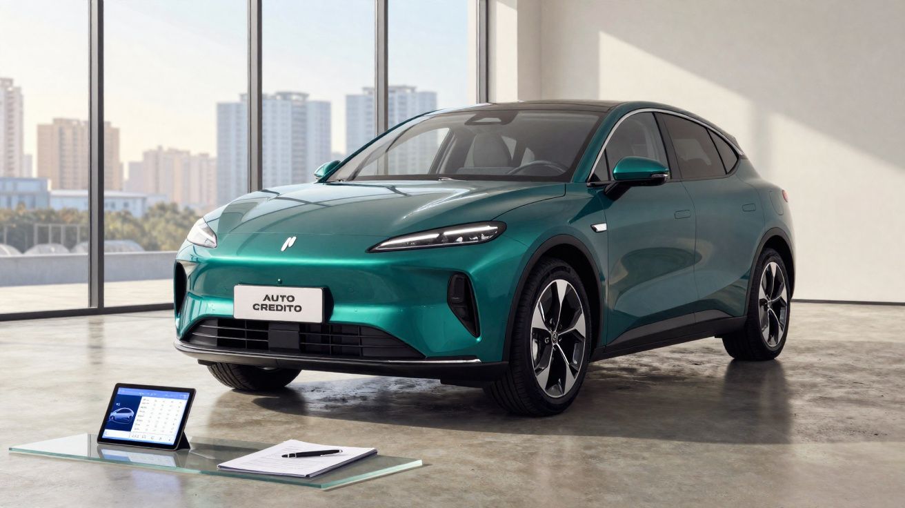 Véhicule électrique vert foncé garé dans un showroom avec un carnet, un stylo et une tablette au sol.