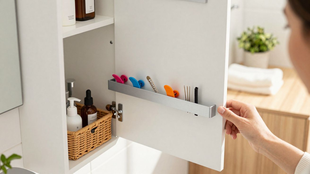 Main ouvrant un placard de salle de bain avec produits de soin et accessoires organisés sur la porte.