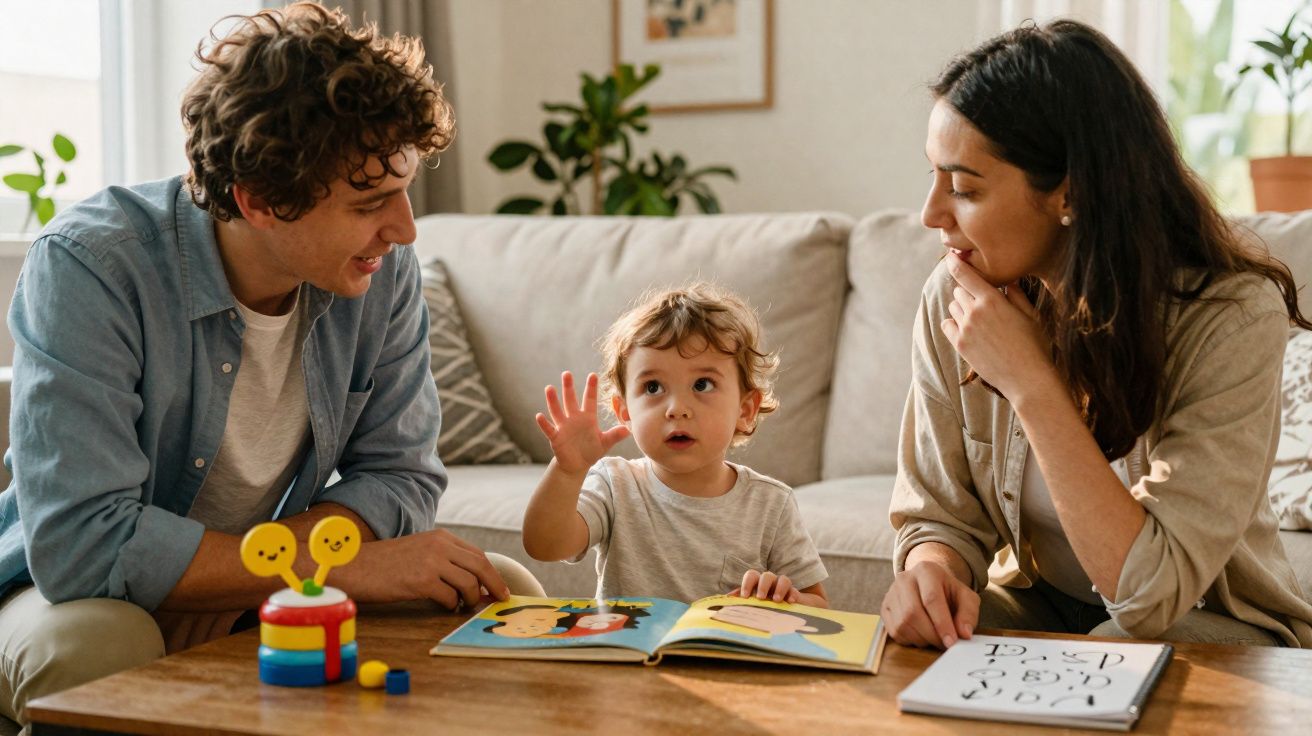 Un enfant lit un livre assis à une table avec deux adultes souriants dans un salon lumineux.