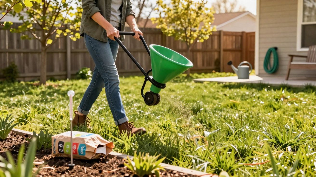 Personne répandant des graines dans un jardin avec un épandeur vert par une journée ensoleillée.