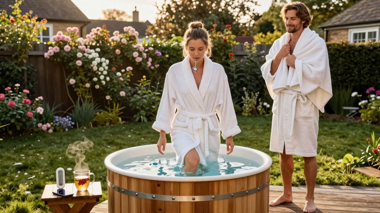 Un couple en peignoirs profite d'un bain nordique en bois dans un jardin fleuri au coucher du soleil.