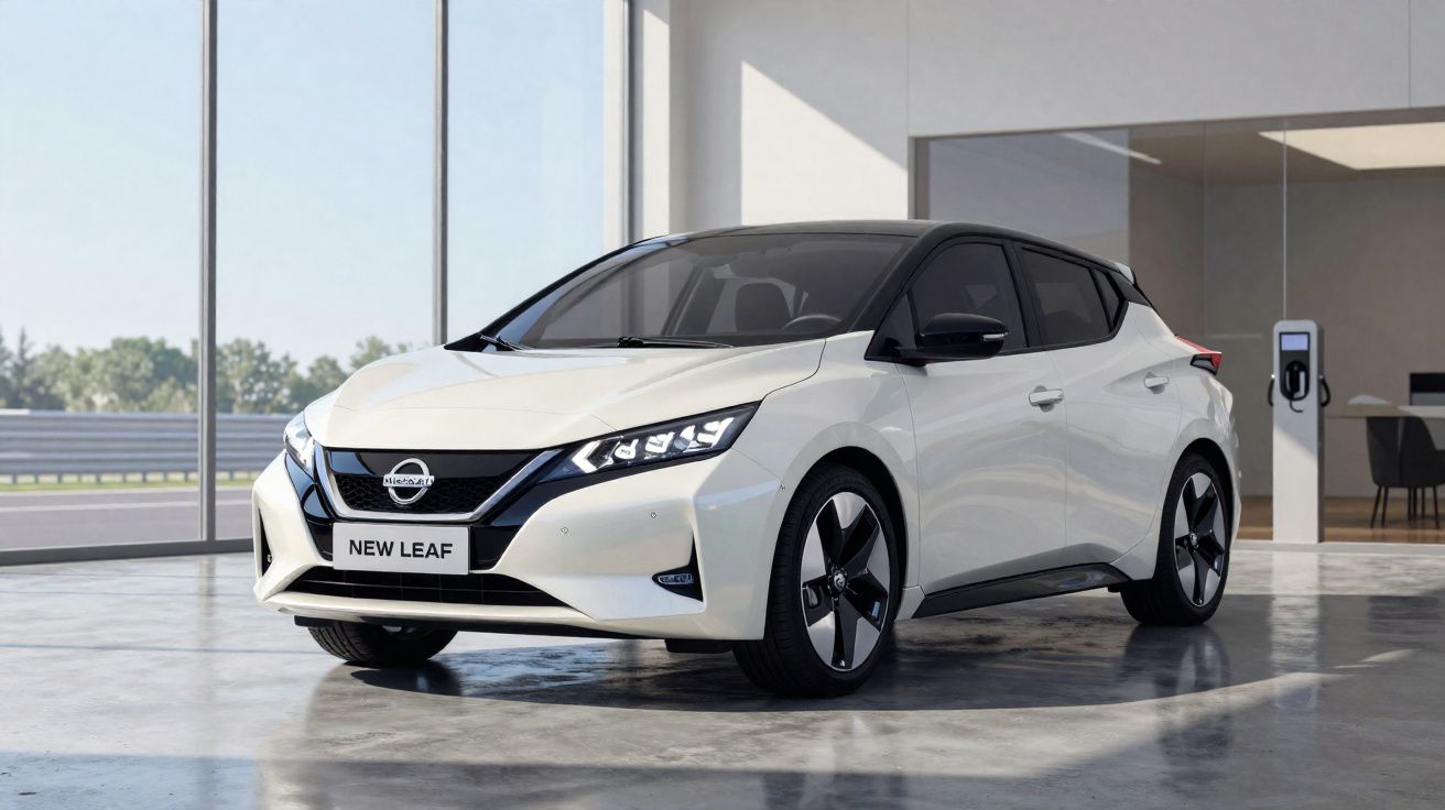 Voiture électrique Nissan New Leaf blanche stationnée en intérieur devant une borne de recharge.