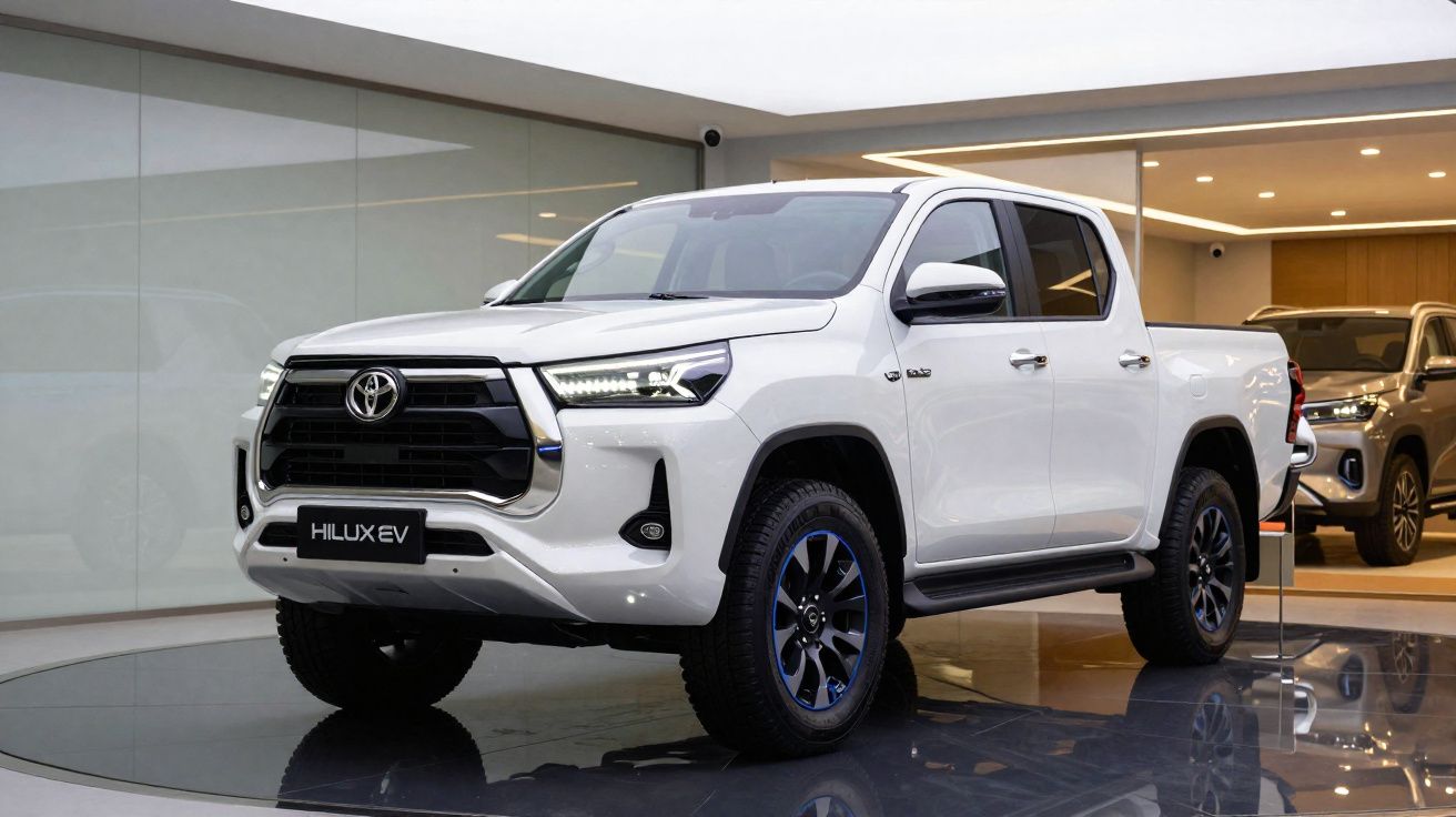 Pick-up Toyota Hilux EV blanc exposé en showroom moderne avec éclairage LED.