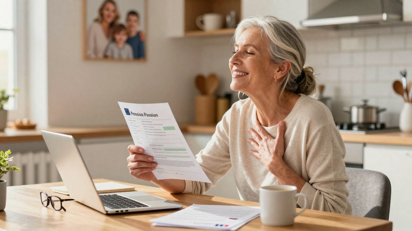 Femme âgée souriante recevant un document de pension assise à une table avec un ordinateur portable en cuisine.