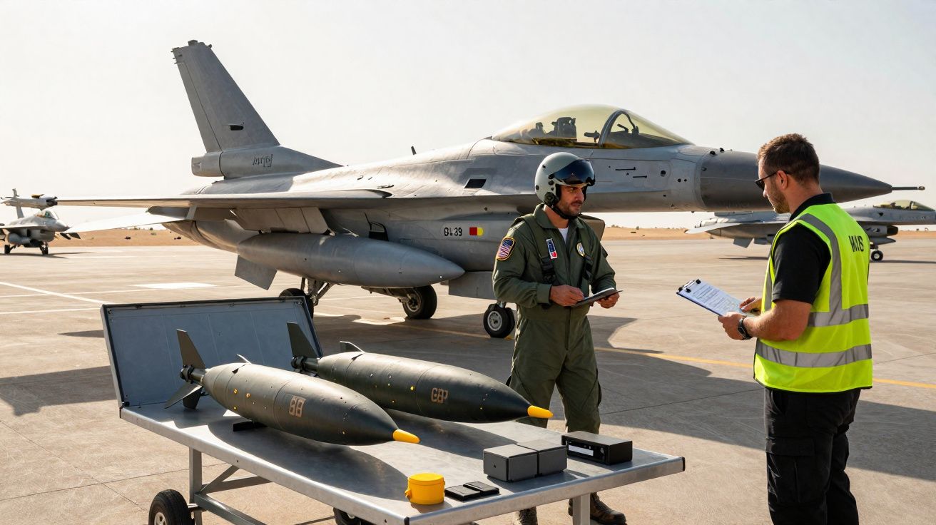 Pilote en tenue et casque, discutant avec un technicien près d’un avion de chasse et bombes au sol.