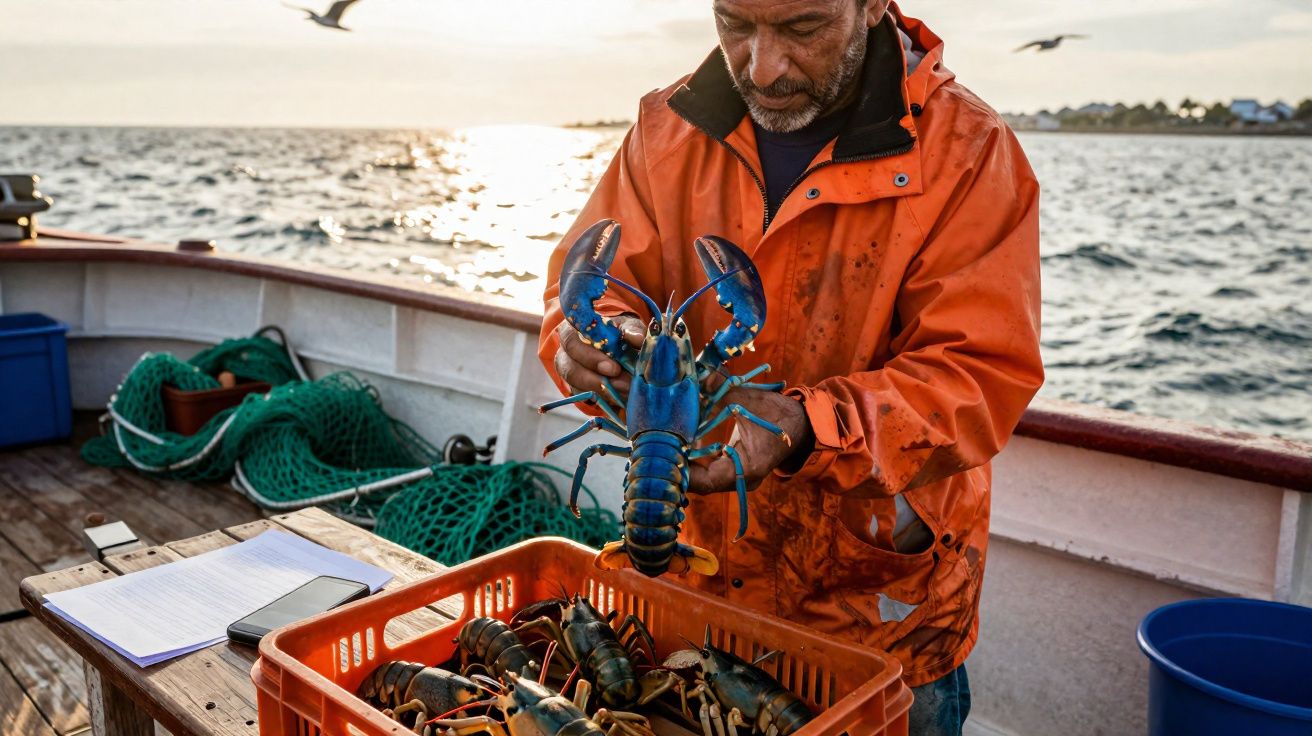 Pêcheur en ciré orange tenant une grosse langouste bleue sur un bateau au coucher du soleil.