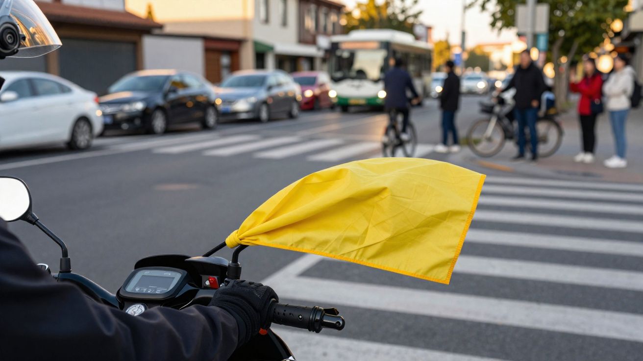 Motard avec un drapeau jaune sur le guidon, s'arrêtant à un feu piéton en ville au coucher du soleil.