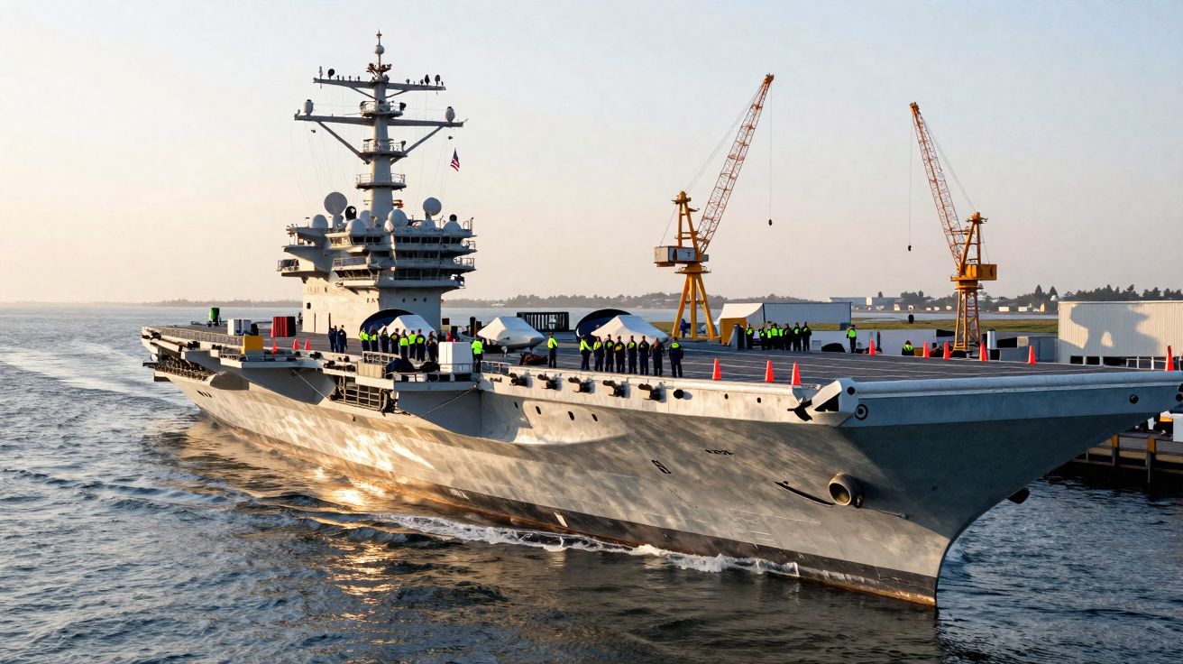 Porte-avions militaire naviguant près du port avec plusieurs personnes sur le pont et grues en arrière-plan.