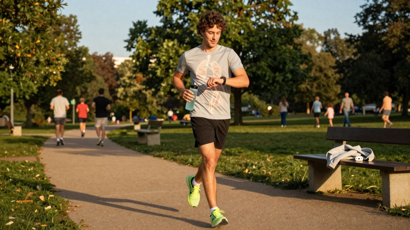 Jeune homme courant dans un parc ensoleillé, regardant sa montre et tenant une bouteille d'eau.