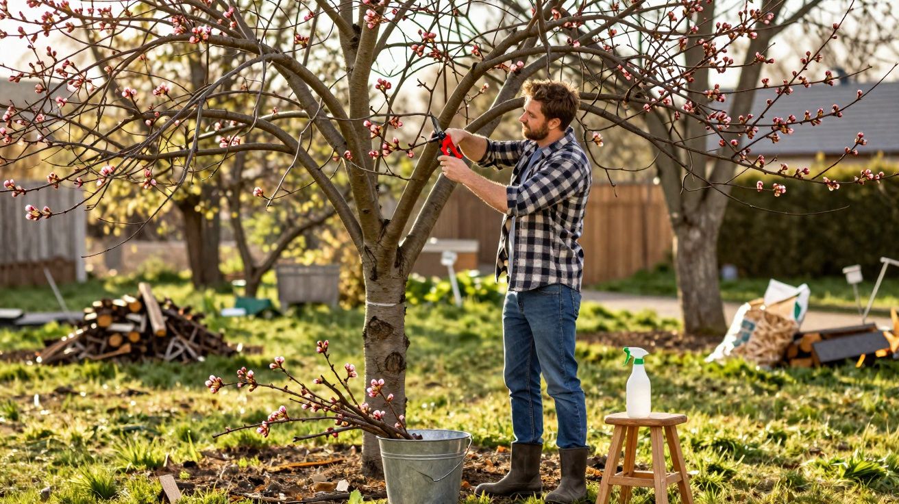 Un homme tailleur taille les branches d'un arbre en fleurs dans un jardin ensoleillé au printemps.