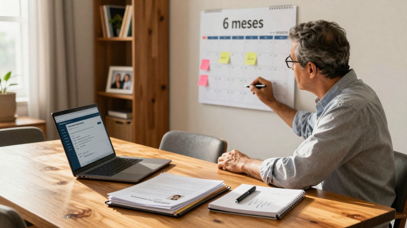 Homme mûr écrivant sur un calendrier mural avec un ordinateur portable et des documents sur une table en bois.