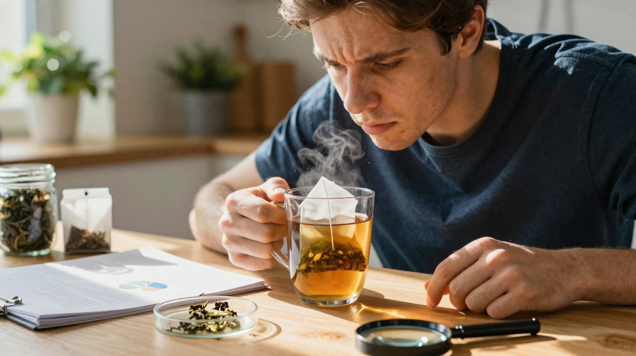 Jeune homme étudiant un sachet de thé infusant dans une tasse transparente sur une table en bois.