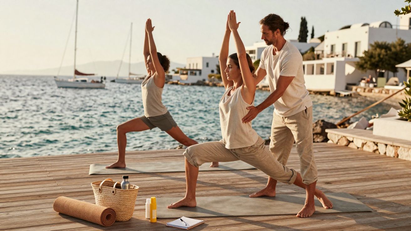 Deux femmes font du yoga sur un ponton au bord de l'eau, guidées par un instructeur masculin.