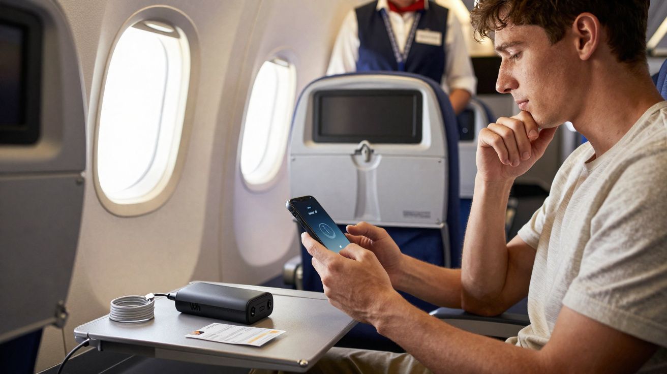 Jeune homme assis dans un avion utilisant son smartphone, une batterie externe posée sur la tablette devant lui.