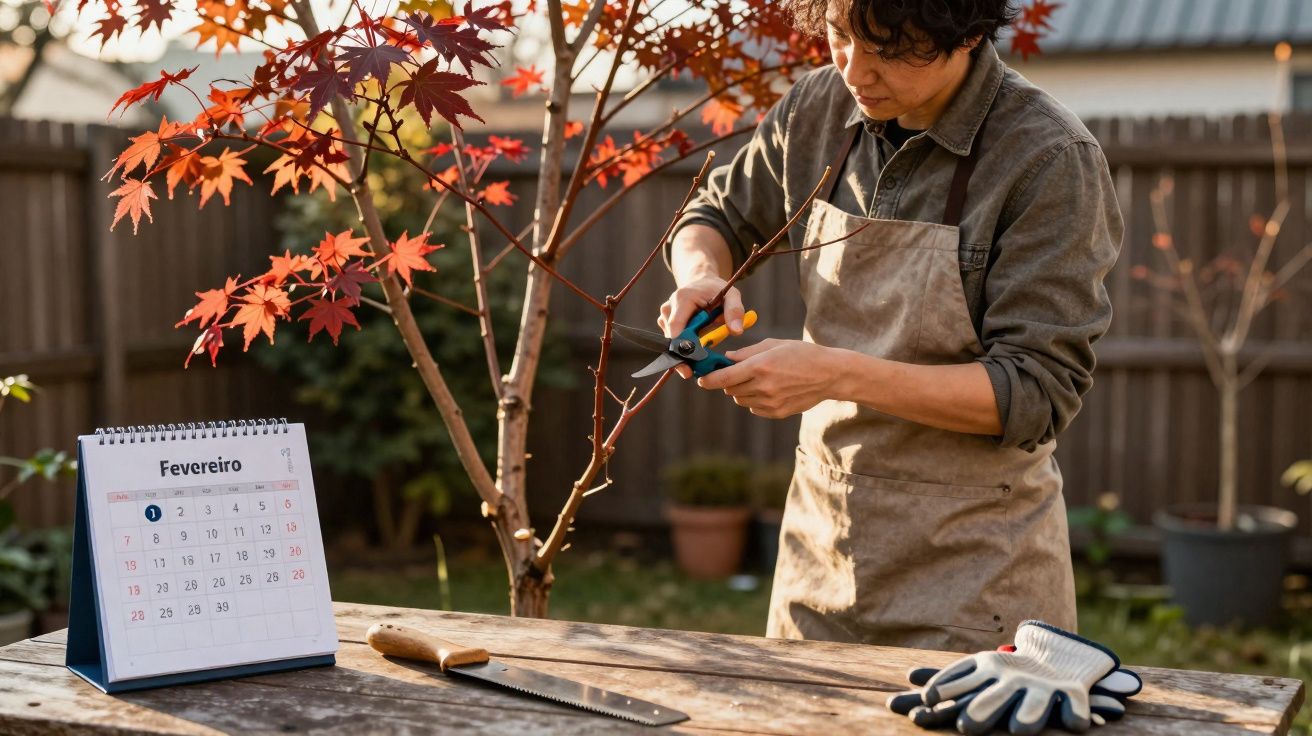 Personne taille une branche d'arbre avec un sécateur dans un jardin en février.