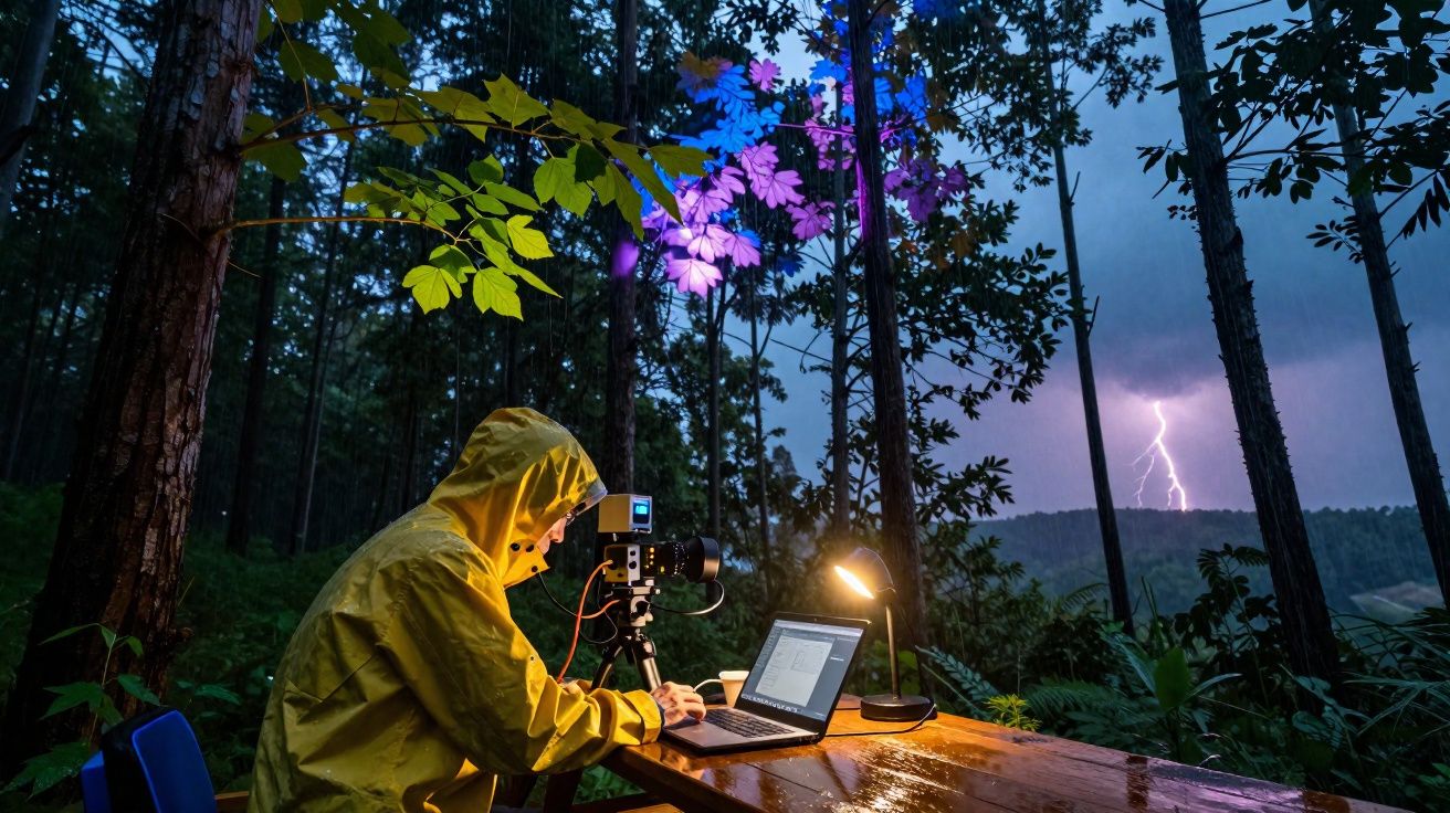 Personne en imperméable jaune travaille sur ordinateur en forêt, éclair de foudre au loin dans un ciel orageux.
