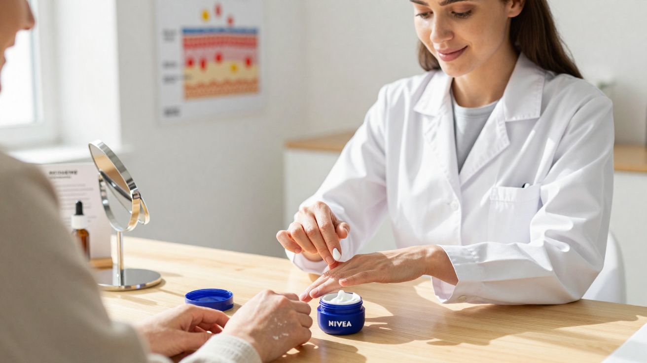 Dermatologue en blouse blanche appliquant une crème Nivea sur la peau d’un patient dans un cabinet.