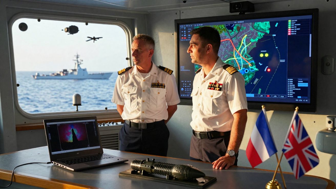 Deux officiers navals dans un poste de commandement avec drapeaux français et britannique et écran de navigation maritime.